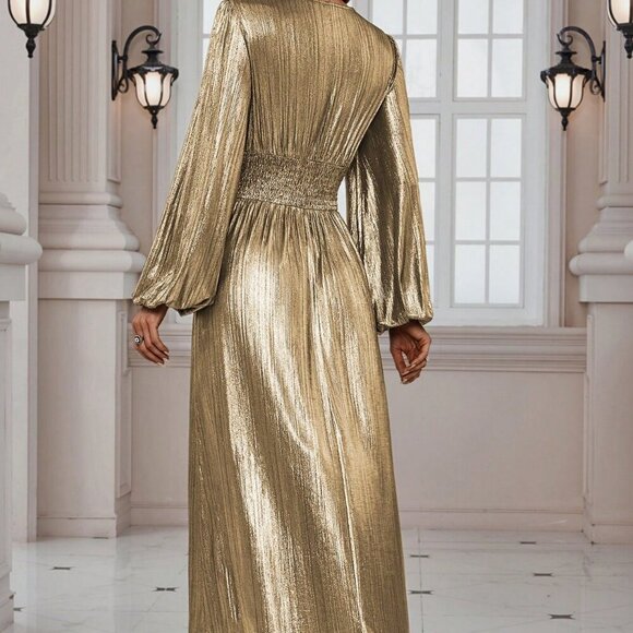 Gold Party Women's Metallic Textured Lantern Sleeve Split Hem maxi Dress - Picture 2 of 7